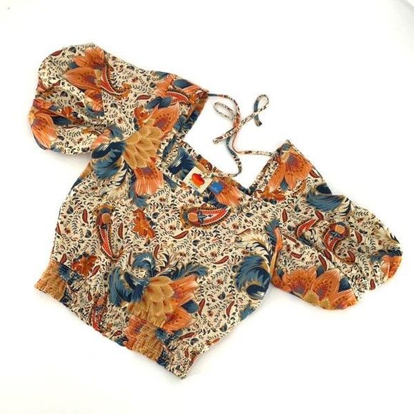 Anthropologie Farm Rio Brown Blue Bambina 3/4 Sleeve Square Neck Blouse Size XS - Picture 8 of 8